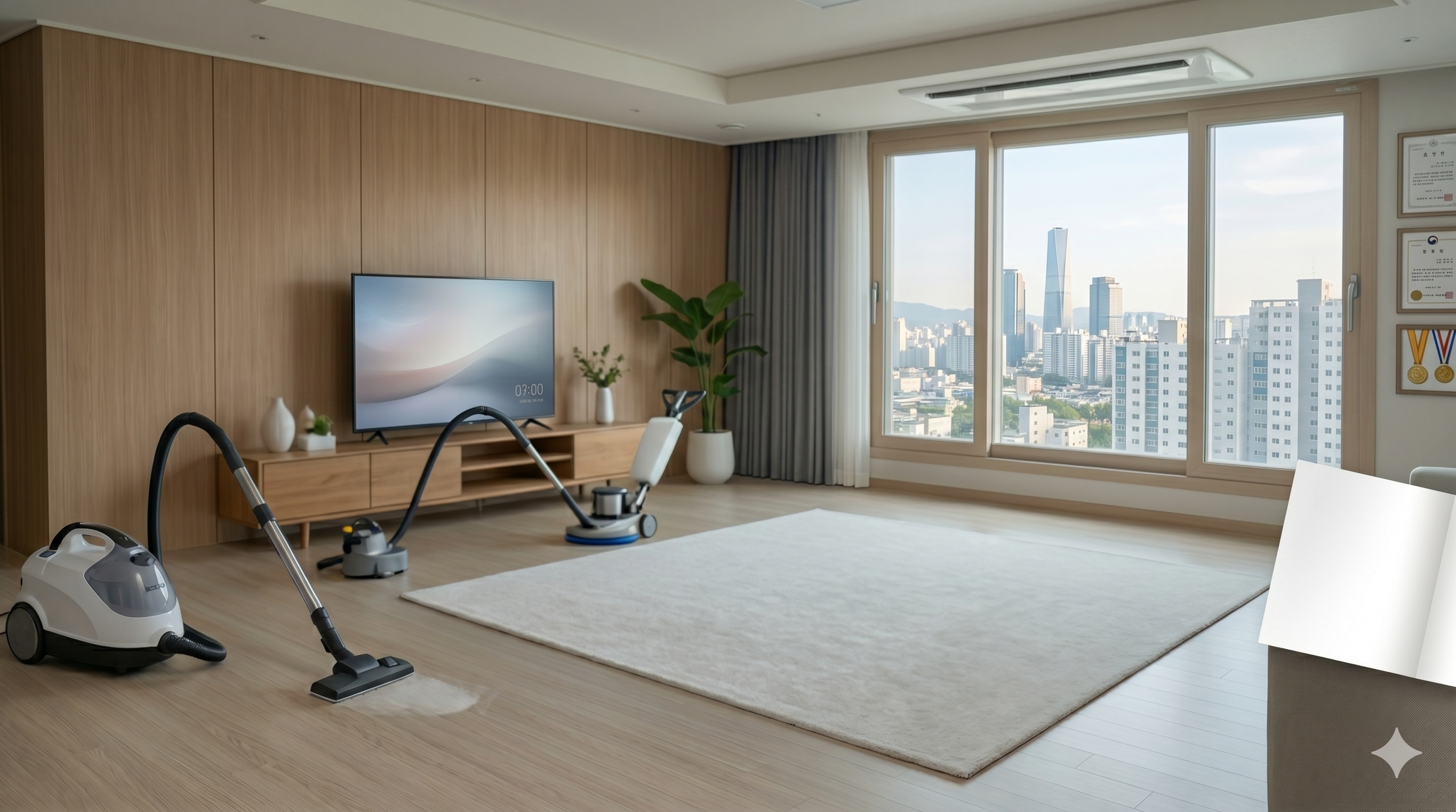 고급 청소 공간과 도시 전망을 담은 포트폴리오 배경 이미지