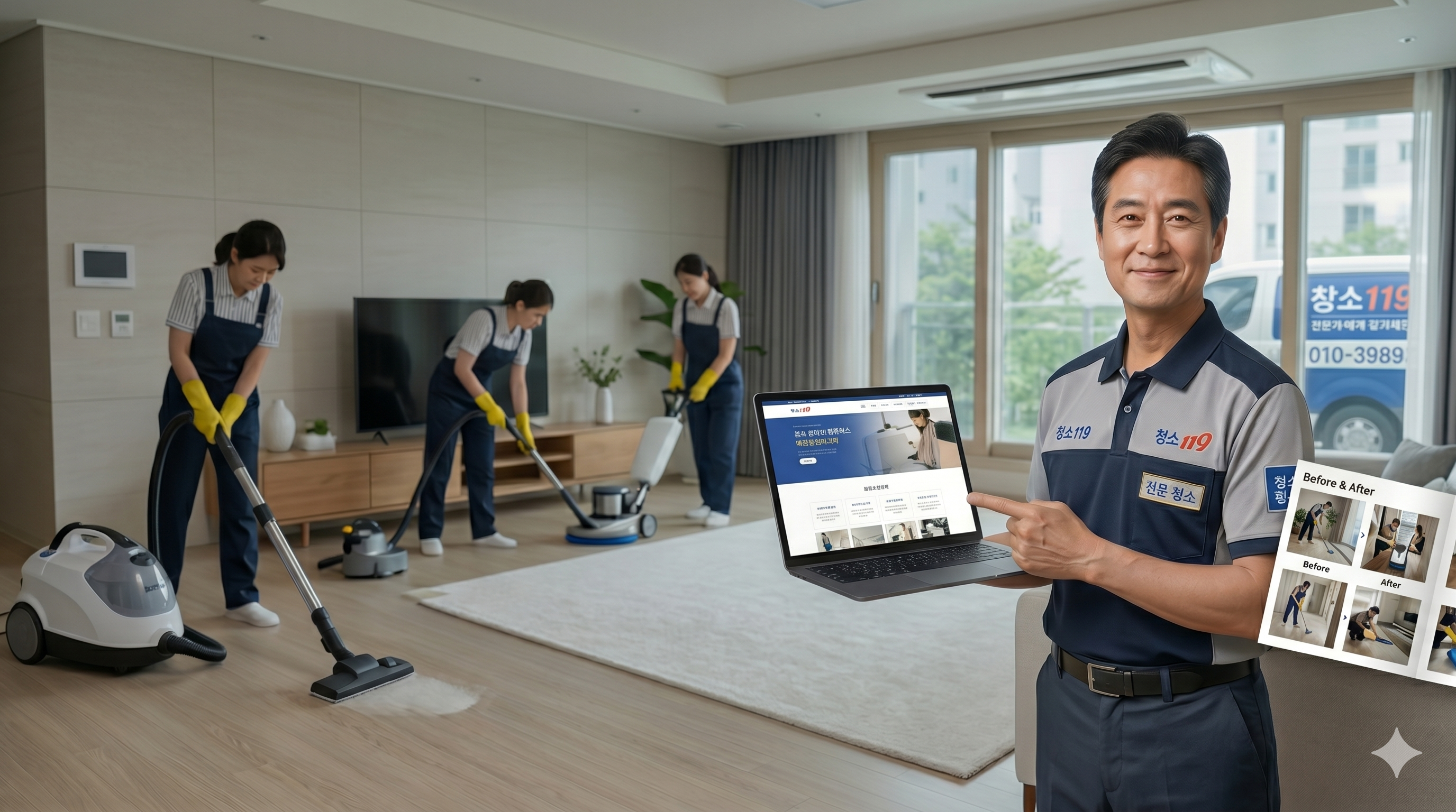 청소 서비스 현장과 홈페이지를 함께 보여주는 메인 비주얼