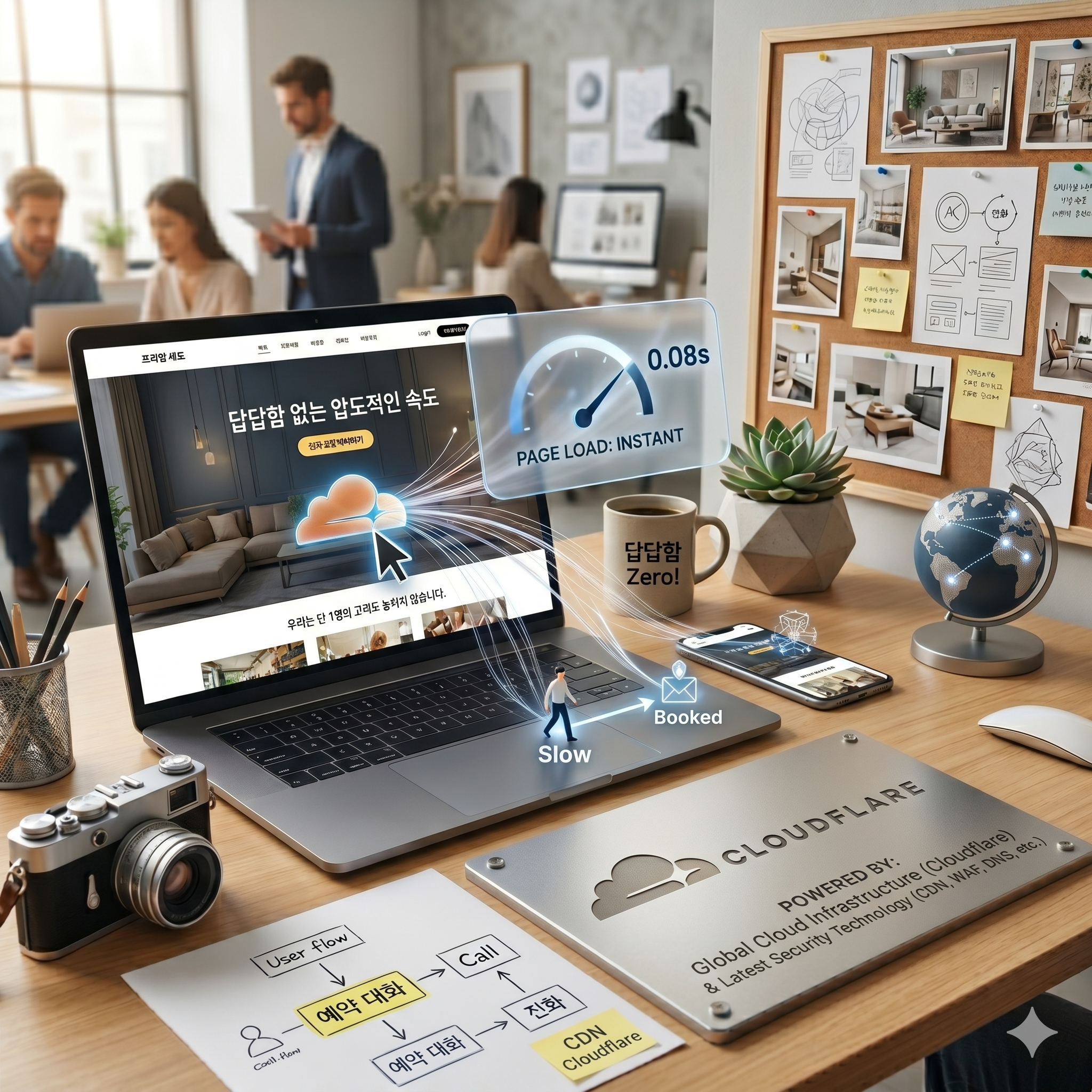 빠른 로딩과 cloudflare 인프라 구성을 보여주는 홈페이지 제작 장면